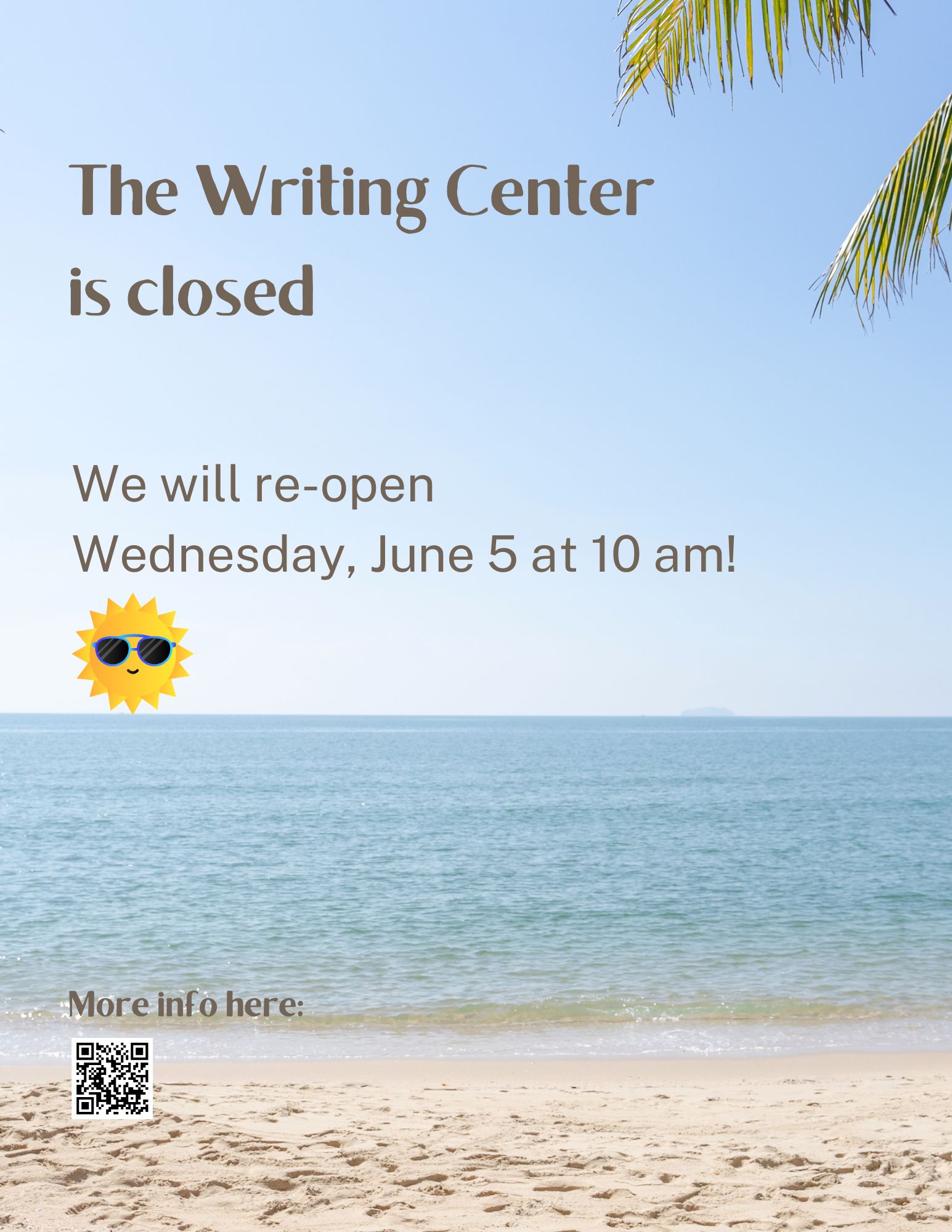 writing center will reopen wed june 5 at 10am